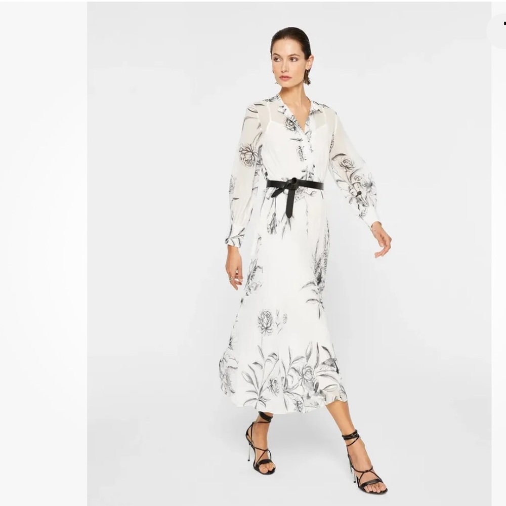 Club Monaco White Floral Midi Shirtdress with Black Belt